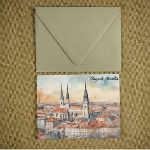 Zagreb Croatia City Silhouette Watercolor Postcard