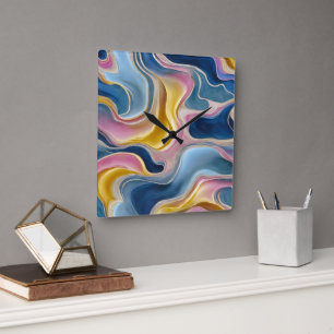 “Zahara”. Swirls of blues, pink and sand Square Wall Clock