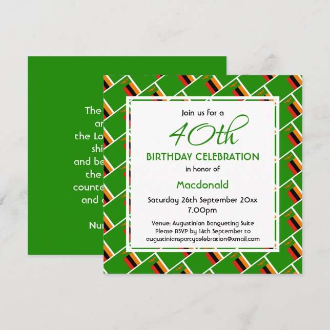 ZAMBIA FLAG Custom 40th Birthday Celebration Invitation (Front/Back)