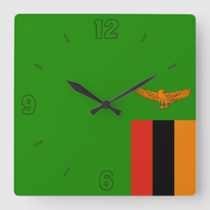 Zambia Flag Green Tangerine Black Numbers Square Wall Clock
