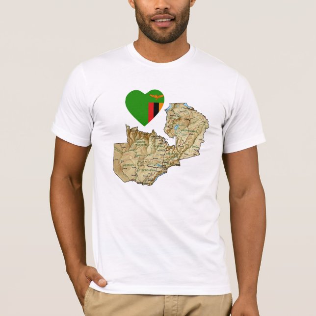 Zambia Flag Heart and Map T-Shirt (Front)