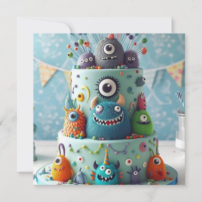 ZANY COMICAL KOOKY  MONSTER CAKE BIRTHDAY INVITATION (Front)