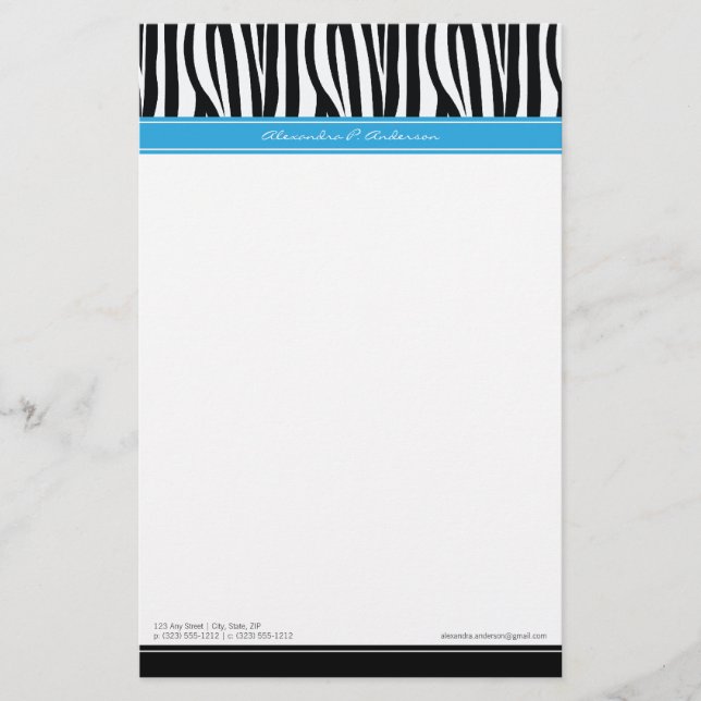 Zany Zebra Blue Customised Designer Stationery (Front)
