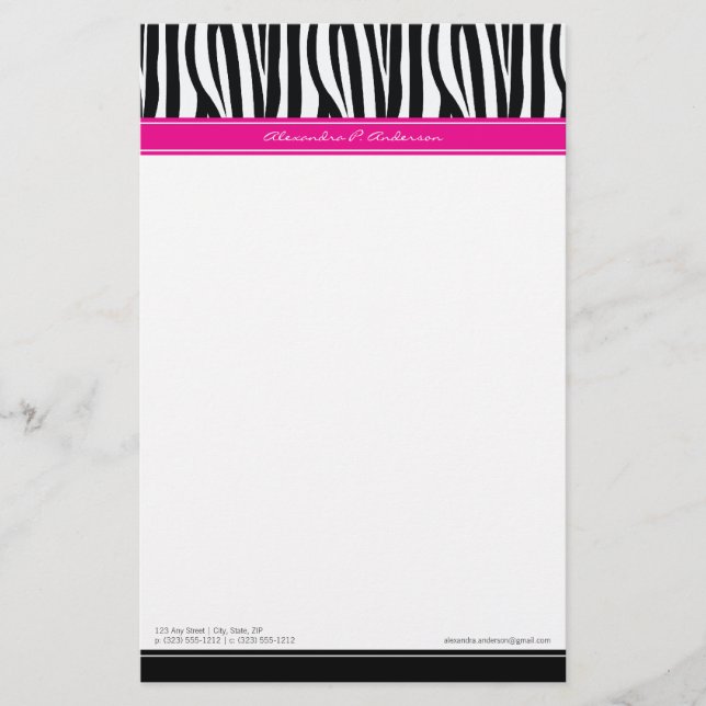 Zany Zebra Hot Pink Customised Designer Stationery (Front)