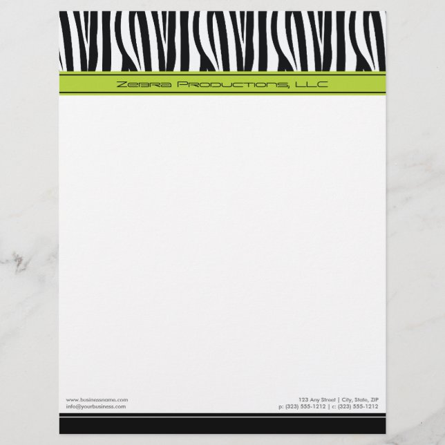 Zany Zebra Lime Customised Designer Letterhead (Front)