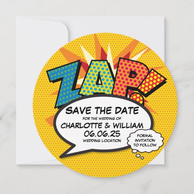 ZAP Save the Date Fun Retro Comic Book Pop Art (Front)