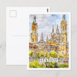 Zaragoza Spain Famous Travel Place Watercolor Postcard