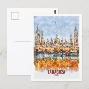 Zaragoza Spain Famous Travel Watercolor Sketch Postcard