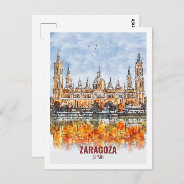 Zaragoza Spain Famous Travel Watercolor Sketch Postcard (Front/Back)