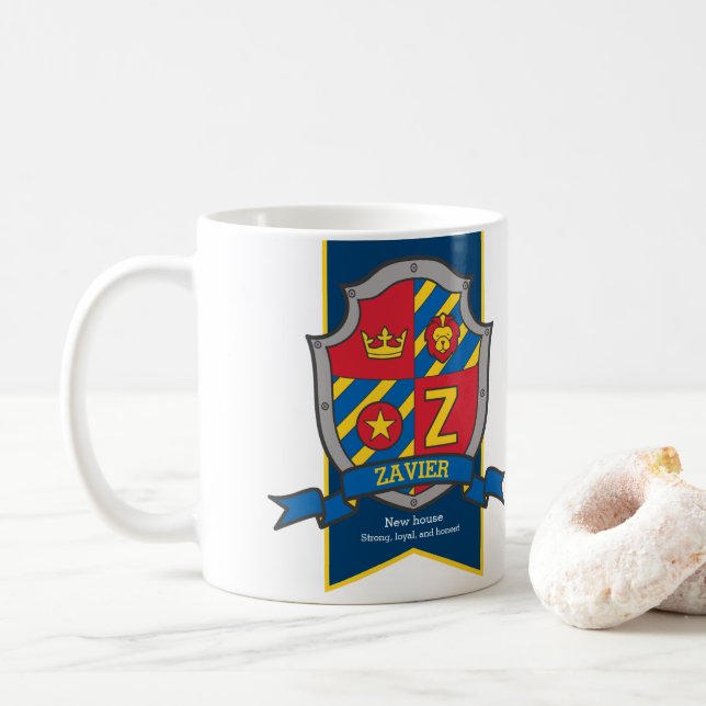 Zavier letter Z heraldry knight lion name meaning Coffee Mug (With Donut)