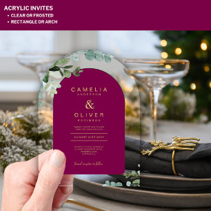 Zazzle Acrylic Wedding Magenta Leaves Gold Text Invitations