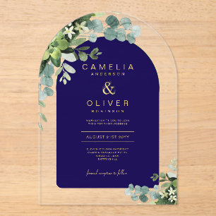 Zazzle Acrylic Wedding Navy Eucalyptus Gold Text Invitations