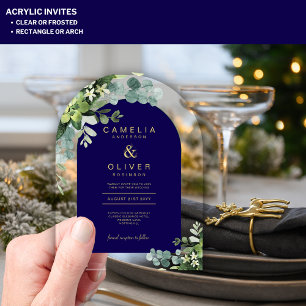 Zazzle Acrylic Wedding Navy Eucalyptus Gold Text Invitations