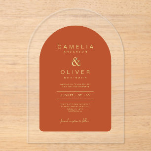 Zazzle Acrylic Wedding Terracotta Gold Text Arch A Acrylic Invitations