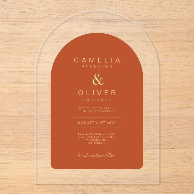 Zazzle Acrylic Wedding Terracotta Gold Text Arch A Acrylic Invitations (Front)