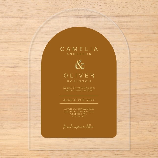 Zazzle Acrylic Wedding Terracotta Gold Text Arch Acrylic Invitations (Front)