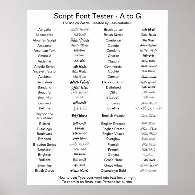 Zazzle Script Font Comparison A - G Poster (Front)
