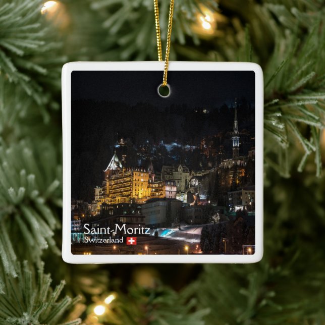 zCH018 SAINT-MORITZ la nuit, Swiss, Ceramic Ornament (Tree)