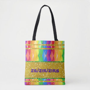 ze zir zirs pronoun glitter rainbow pride argyle tote bag