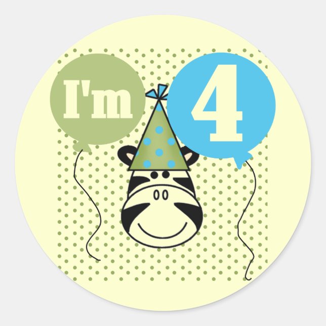 Zebra 4th Birthday T-shirts and Gifts Classic Round Sticker (Front)