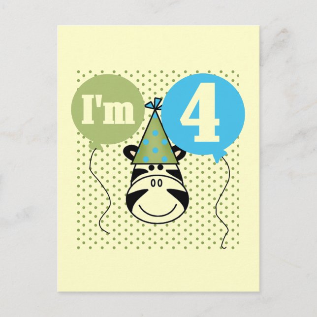 Zebra 4th Birthday T-shirts and Gifts Postcard (Front)