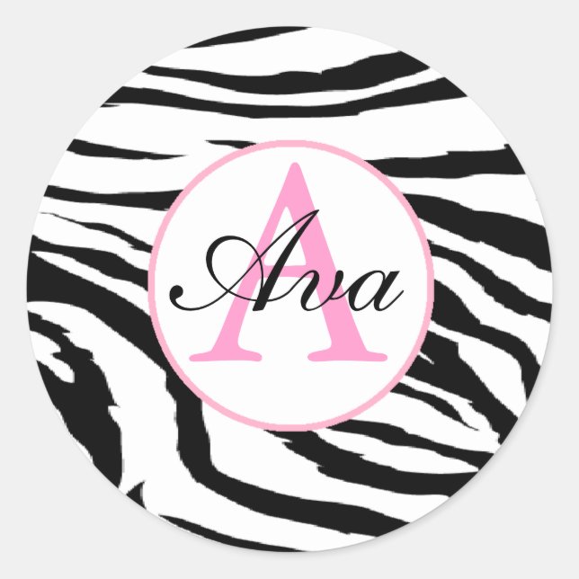 Zebra and Candy Pink Monogram Name Sticker (Front)