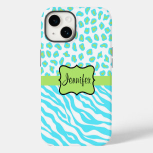 Zebra and Cheetah Skin Turquoise Blue Green Name   iPhone 14 Case