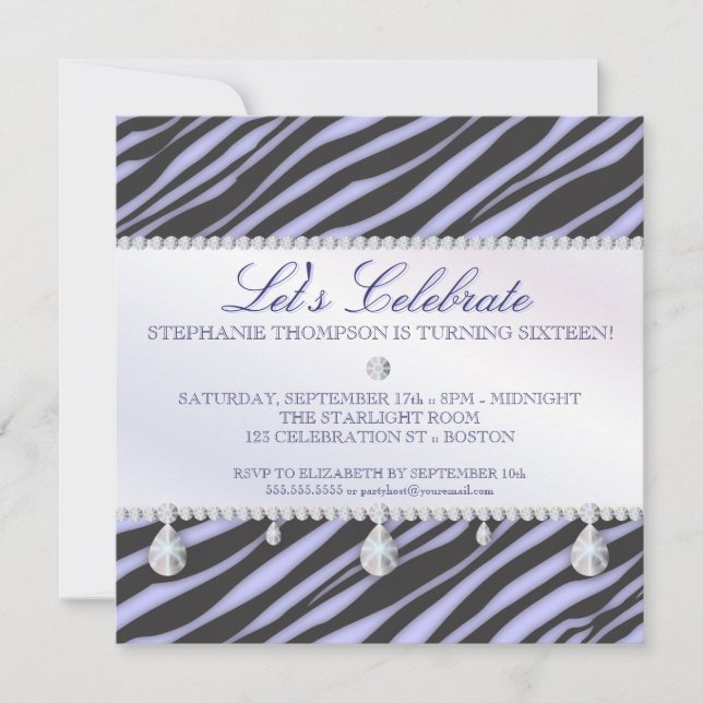 Zebra and Diamonds Sweet 16 Elegance Invitation (Front)