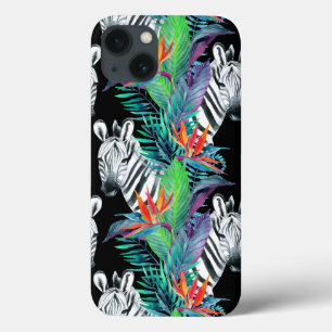 Zebra And Exotic Flowers Pattern iPhone 13 Case