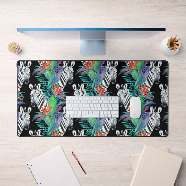 Zebra And Exotic Flowers Pattern Desk Mat (Office 1)