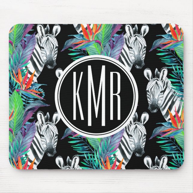 Zebra And Exotic Flowers Pattern | Monogram Mouse Mat (Front)