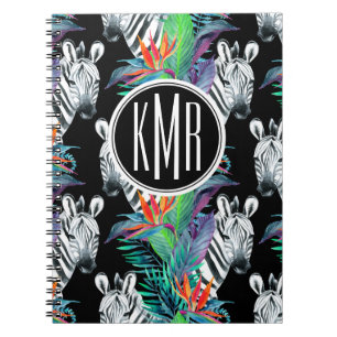 Zebra And Exotic Flowers Pattern Monogram Notebook