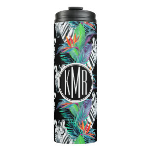 Zebra And Exotic Flowers Pattern Monogram Thermal Tumbler