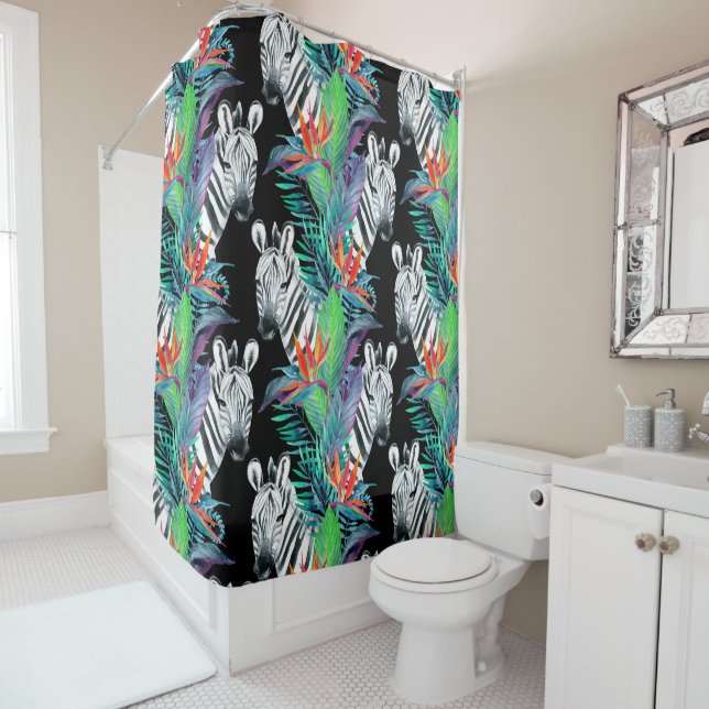 Zebra And Exotic Flowers Pattern Shower Curtain (In Situ)