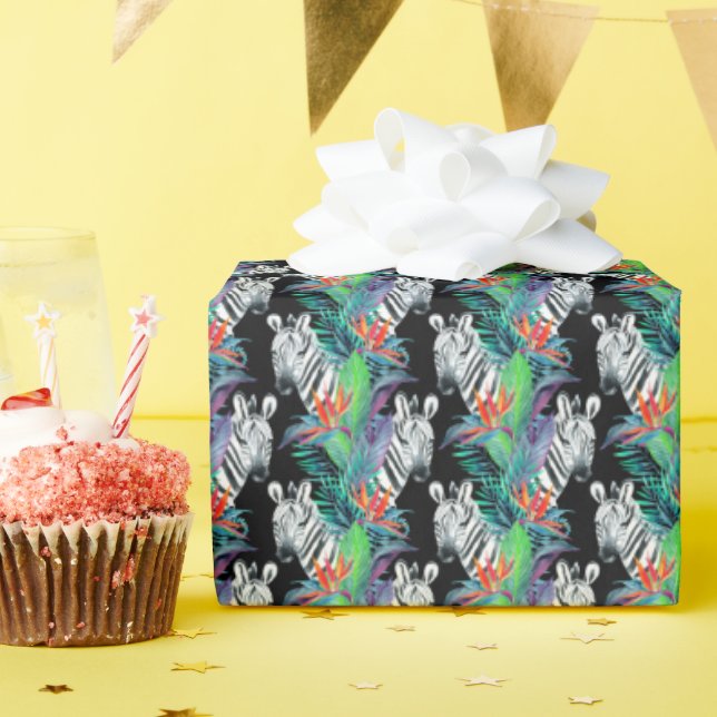 Zebra And Exotic Flowers Pattern Wrapping Paper (Birthday Party)