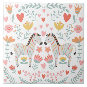 Zebra and Flowers Colourful Scandinavian Folk Art Tile