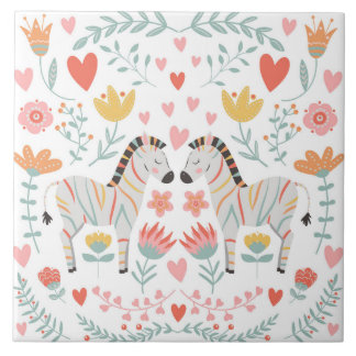 Zebra and Flowers Colourful Scandinavian Folk Art  Tile