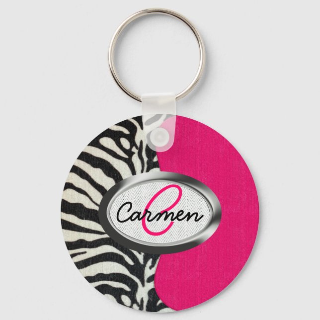 Zebra and Neon Pink with Metallic Monogram Key Ring (Front)