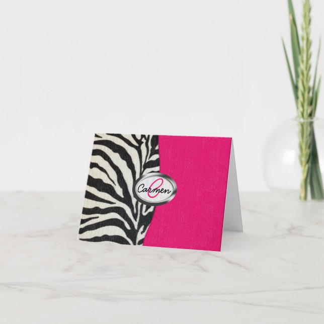 Zebra and Neon Pink with Metallic Monogram Note Card (Front)