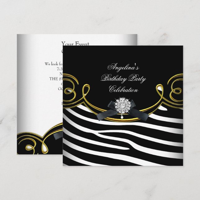 Zebra Animal Black White Gold Birthday Party Invitation (Front/Back)