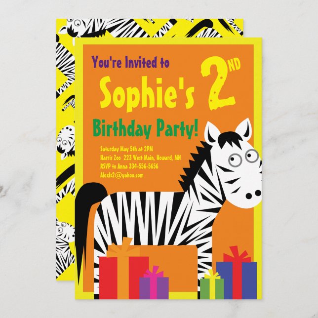 Zebra Animal Kid's Birthday Party Invitations (Front/Back)