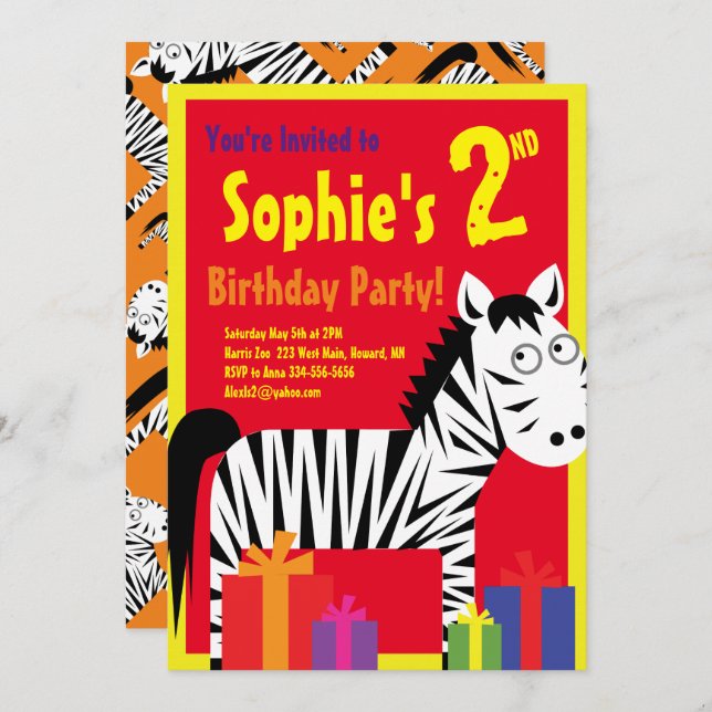 Zebra Animal Kid's Birthday Party Invitations (Front/Back)