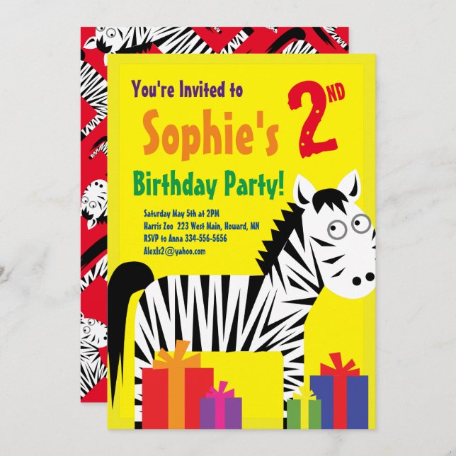Zebra Animal Kid's Birthday Party Invitations (Front/Back)