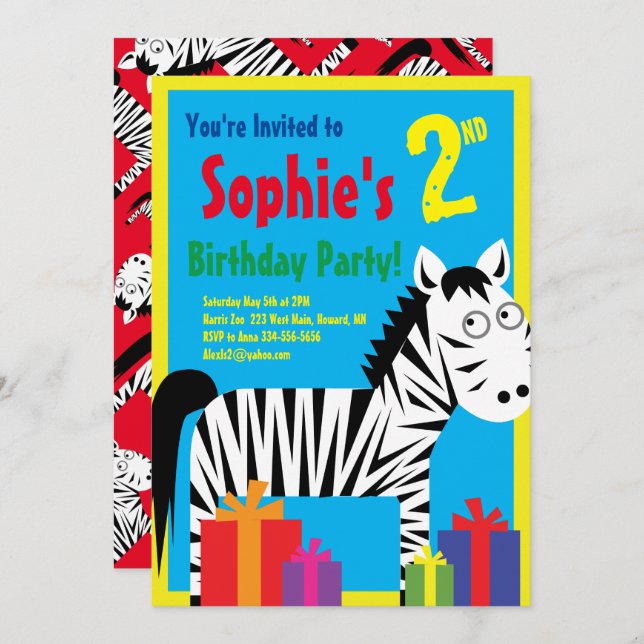 Zebra Animal Kid's Birthday Party Invitations (Front/Back)