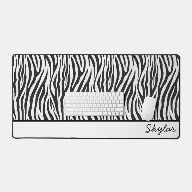 Zebra Animal Print Custom Cursive Name Desk Mat (Keyboard & Mouse)