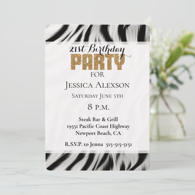 Zebra Animal Print Gold Glitter 21st Birthday Invitation (Standing Front)