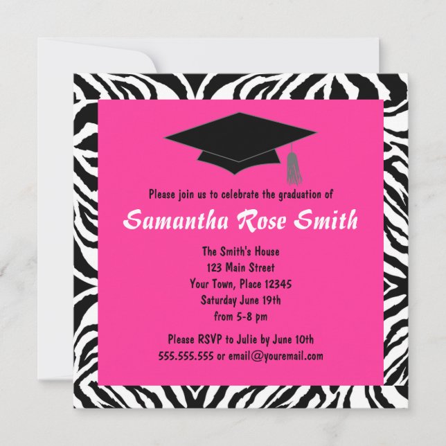 Zebra Animal Print Hot Pink Graduation Party Invitation (Front)
