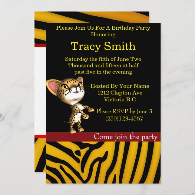 Zebra animal print party cheetah birthday 5 invitation (Front/Back)