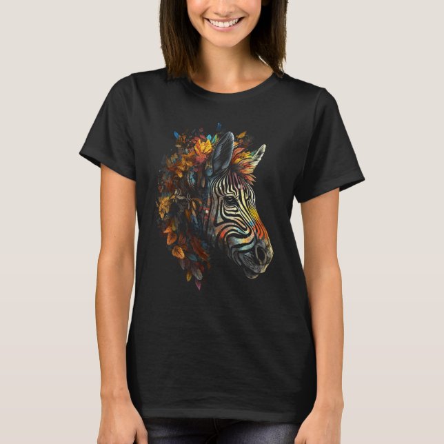 Zebra Autumn Leaves Colourful Art Animal Zoo Zebra T-Shirt (Front)
