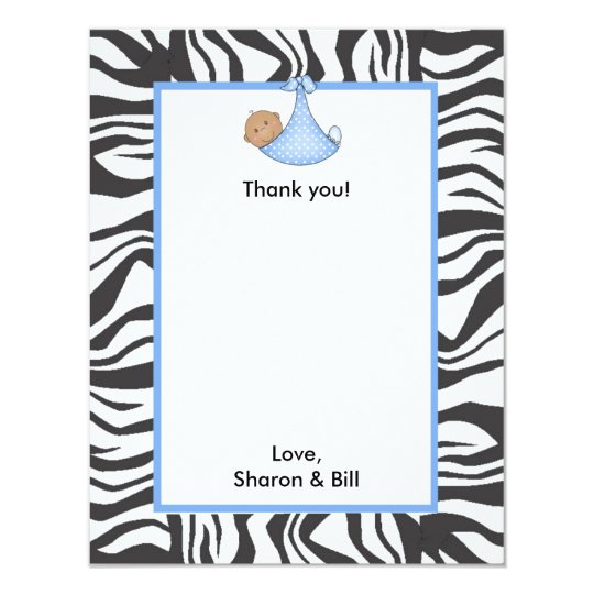 Zebra Baby Boy Shower Thank You note dark skin Card